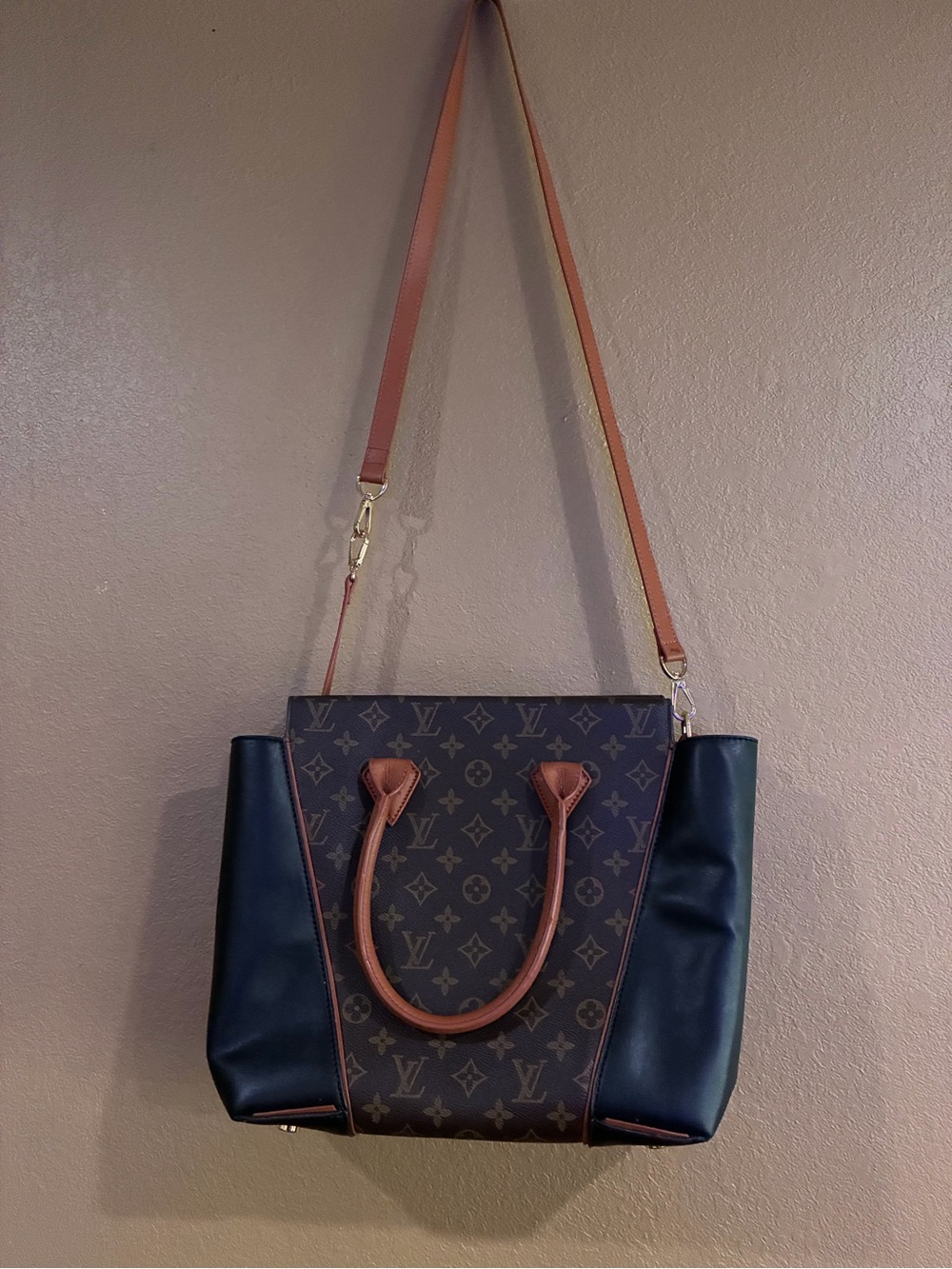 Louis Vuitton Brown Monogram Tote with Black Panels and Tan Straps